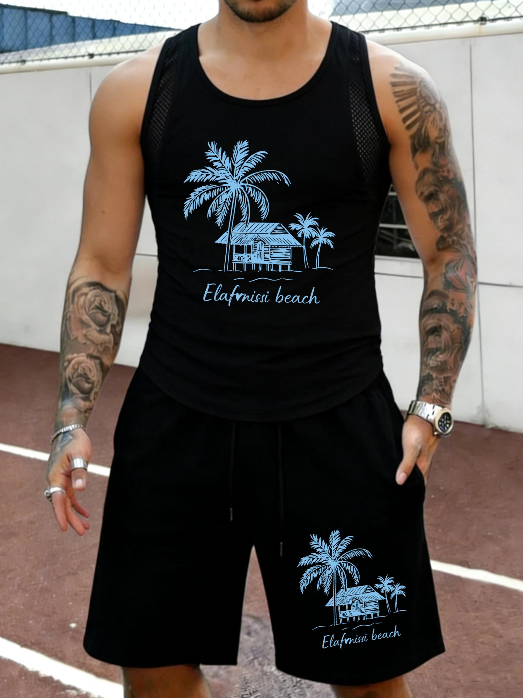 

Beach Coconut Trees Creative Print Summer Gym Mesh Vest Set Man Quick Dry Running Sportswear Classic Pocket Shorts Hip Hop Pants