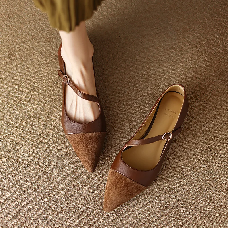 Retro Brown Pointed Toe Women's Flats Low Heel Slip-On Roman Style Shoes PU Leather Spring Autumn Seasonal Fashion Shoes