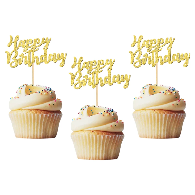 YOMDID 24 Stück glitzernde Cupcake-Topper zum Geburtstag, Kuchen-Picks zum Feiern, Geburtstag, Kuchendekoration, Party-Dekoration, Zubehör – Detail 6