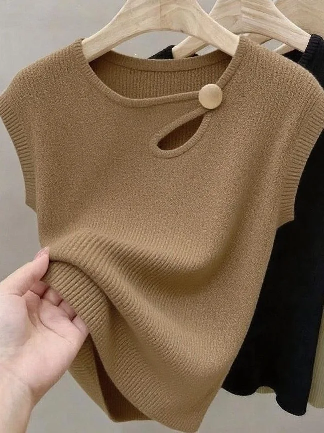 

Slim Fit round Neck Ice Silk Knitted Short Sleeve Women's Top Summer New Style Hollow out Design Fashionable Small Flying Sleeve
