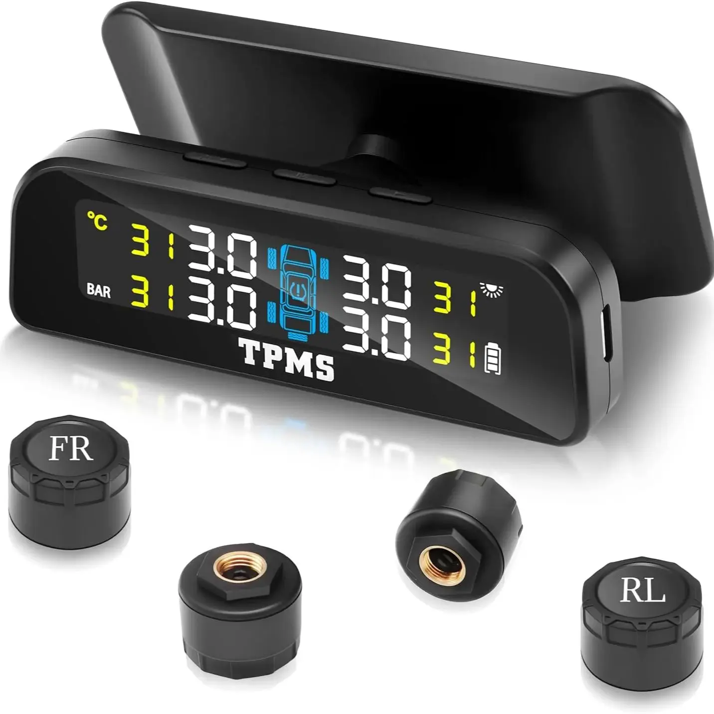 Système de surveillance de la pression des pneus avec écran LCD à charge solaire en temps réel TPMS avec 4 capteurs externes pour voiture RV SUV MPV camion