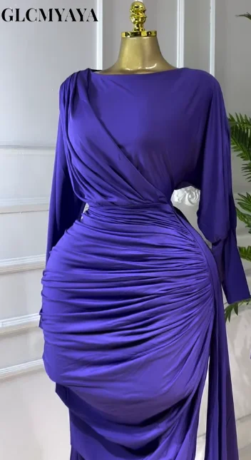 CM.YAYA المرأة كم كامل Ruched مكدسة Bodycon الشريط فستان طويل الخريف مساء عيد ميلاد عطلة فساتين مثيرة