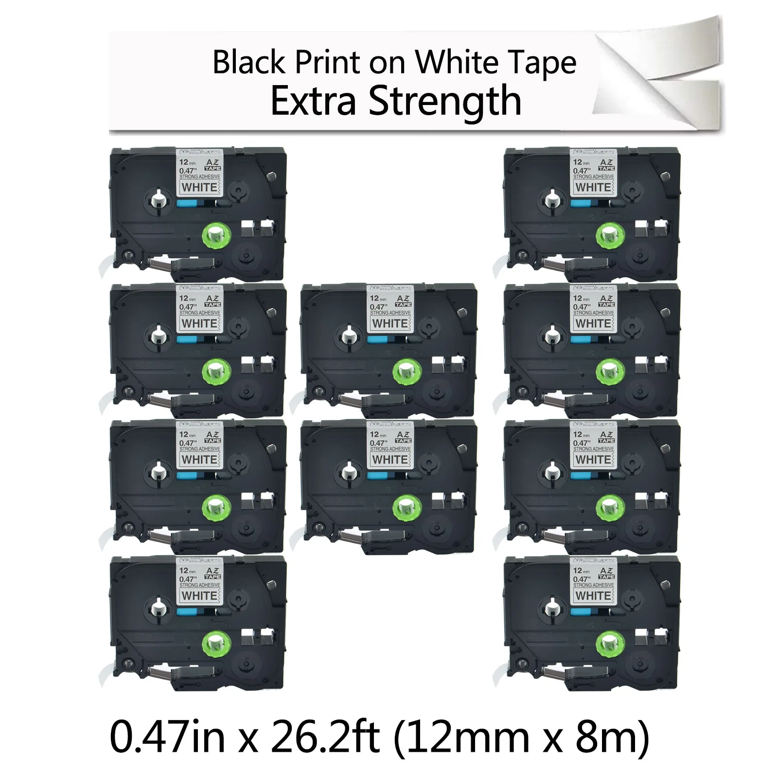 

GREENCYCLE 10 Pack Black on White Strong Adhesive Label Tape 12mm 8m Compatible for Brother TZe-S231 Tz Tze S231