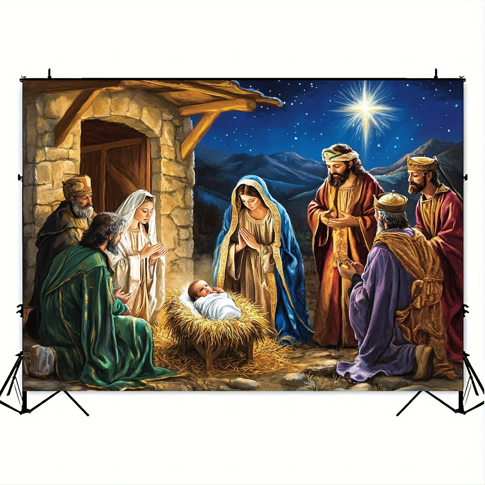 لافتة مسطحة ثنائية الأبعاد 1 قطعة ولادة يسوع والسماء المرصعة بالنجوم والرجل الثلاث الحكيم زينة المهرجانات زينة عيد الميلاد