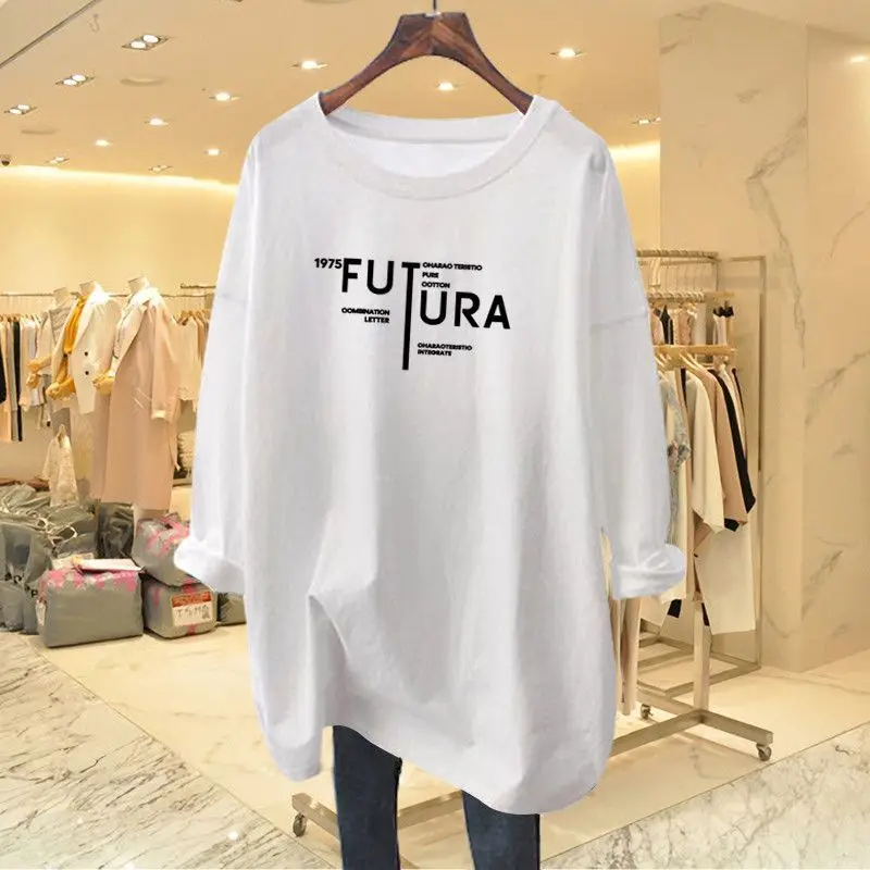 Women Clothing Fashion Pure Cotton O-neck Long Sleeve T-shirts Spring Autumn New Chic Letter Print Top Tee Office Lady Pullovers