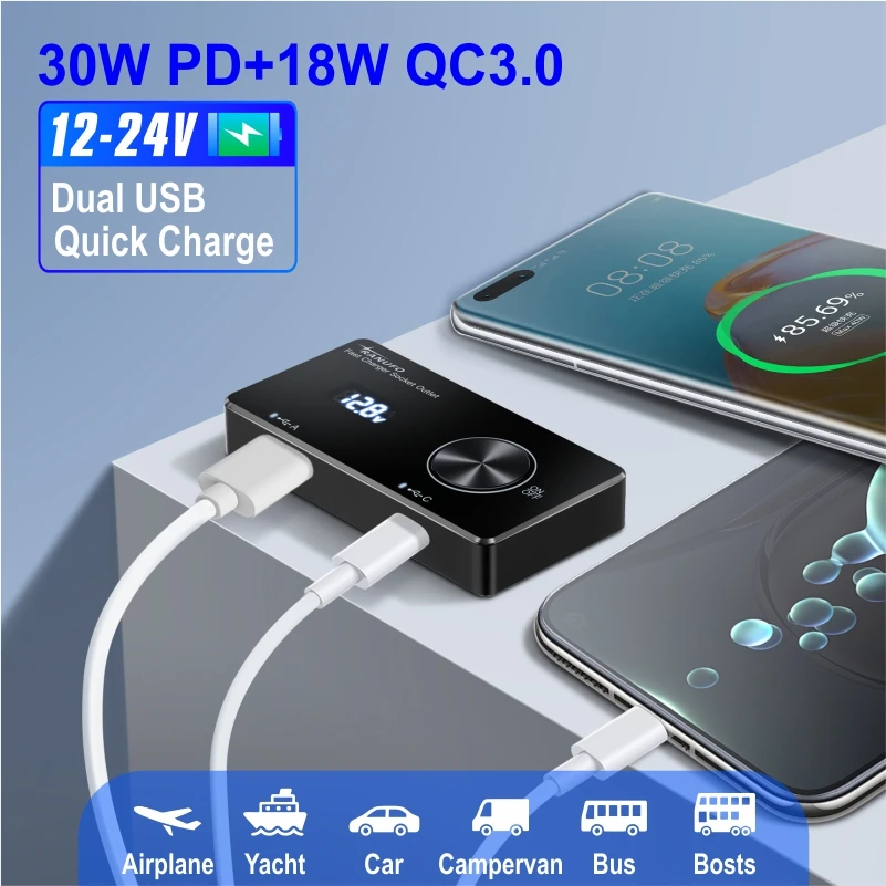 12V USB Outlet Surface Mount Lightweight PD USB C 30W and QC 3.0 18W Ports Replacement Charger Socket Panel with Button Switch