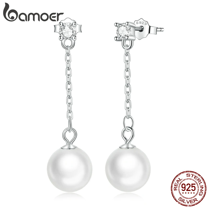 Bamoer Genuine 925 Sterling Silver Simple Shell Bead Drop Earrings for Women Luxury Brand Earrings Fine Jewelry Party Wear Gift