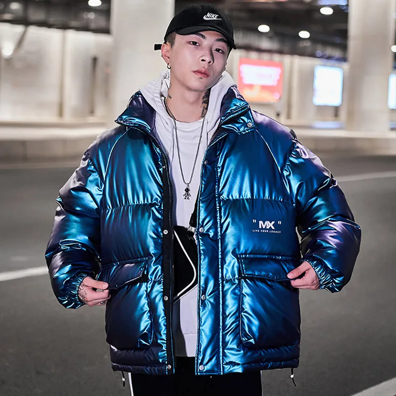 

Trendy Men's Loose Fit down Cotton Jaet PU Leather Soft Winter Outerwear Versatile ort Sle Zipper Closure Casual Wear