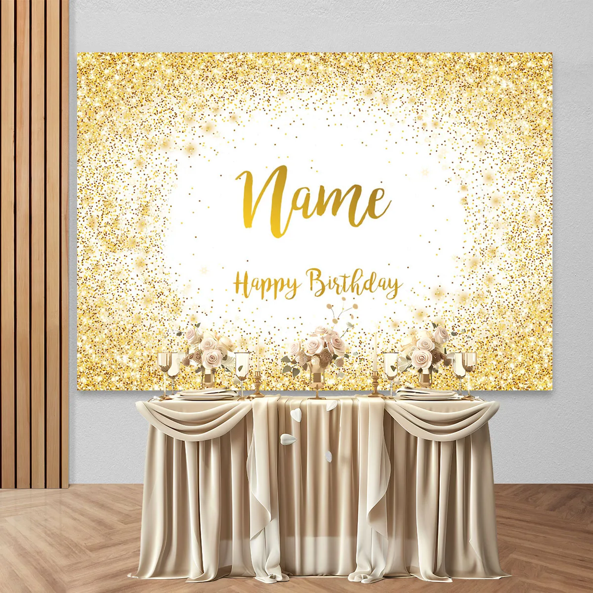 الذهب الساطع يلمع حفلة عيد ميلاد خلفية اسم مخصص خلفية راية الذكرى المعمودية بار ميتزفه ديكور جدران الحفلات