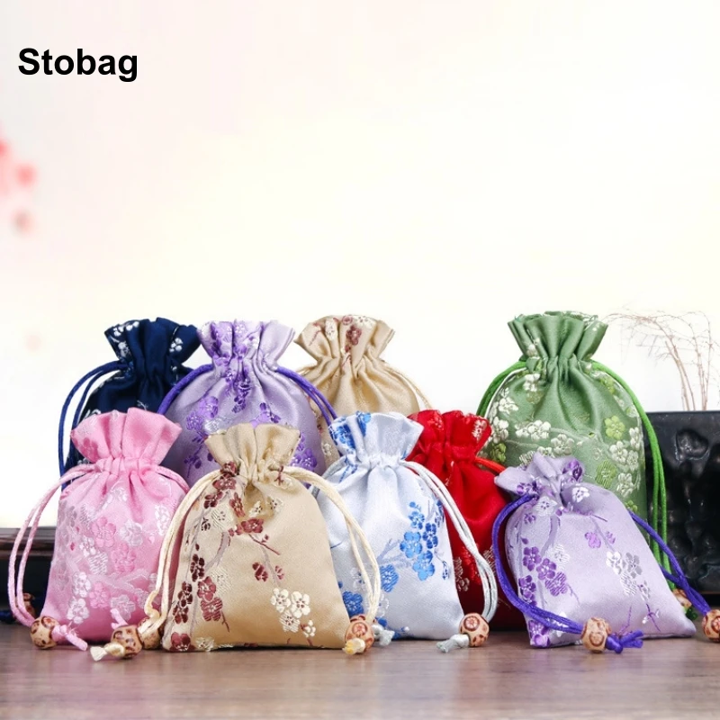 

StoBag 5pcs Chinese Silk Drawstring Bag Cotton Gift Jewelry Packaging Storage Bundle Pocket Reusable Pouches Portable Party