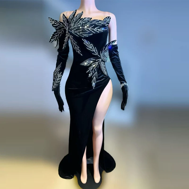 أسود المخملية الراين مساء الزي مرحلة الجاز ملابس رقص المرأة مرحلة المنصة احتفال فستان المرحلة ملابس الحفلات XS9785