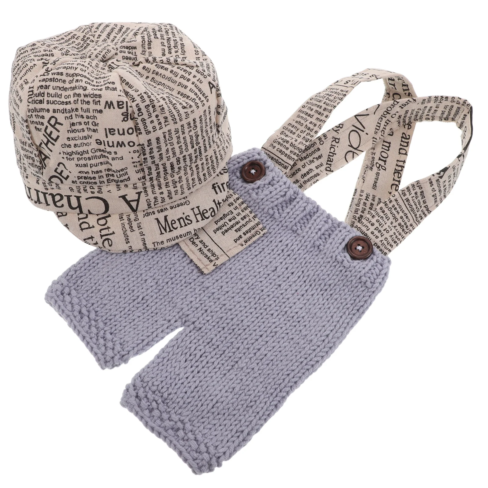 

1 set 1 Set Newborn Photography Outfits Newspaper Print Baby Boy Costume Knitted Rompers With Beret For Photo Shoot Props Hats