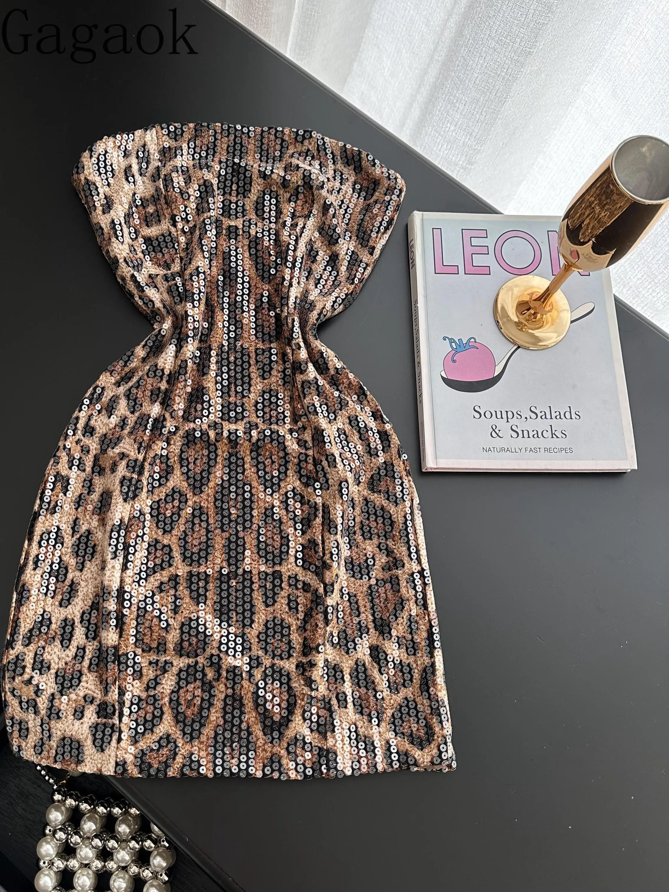 

Gagaok American Ins Dresses Women Sexy Spicy Girl Sleeveless Strapless Bodycon Dress Sequins Sparkling Leopard Print Vestidos