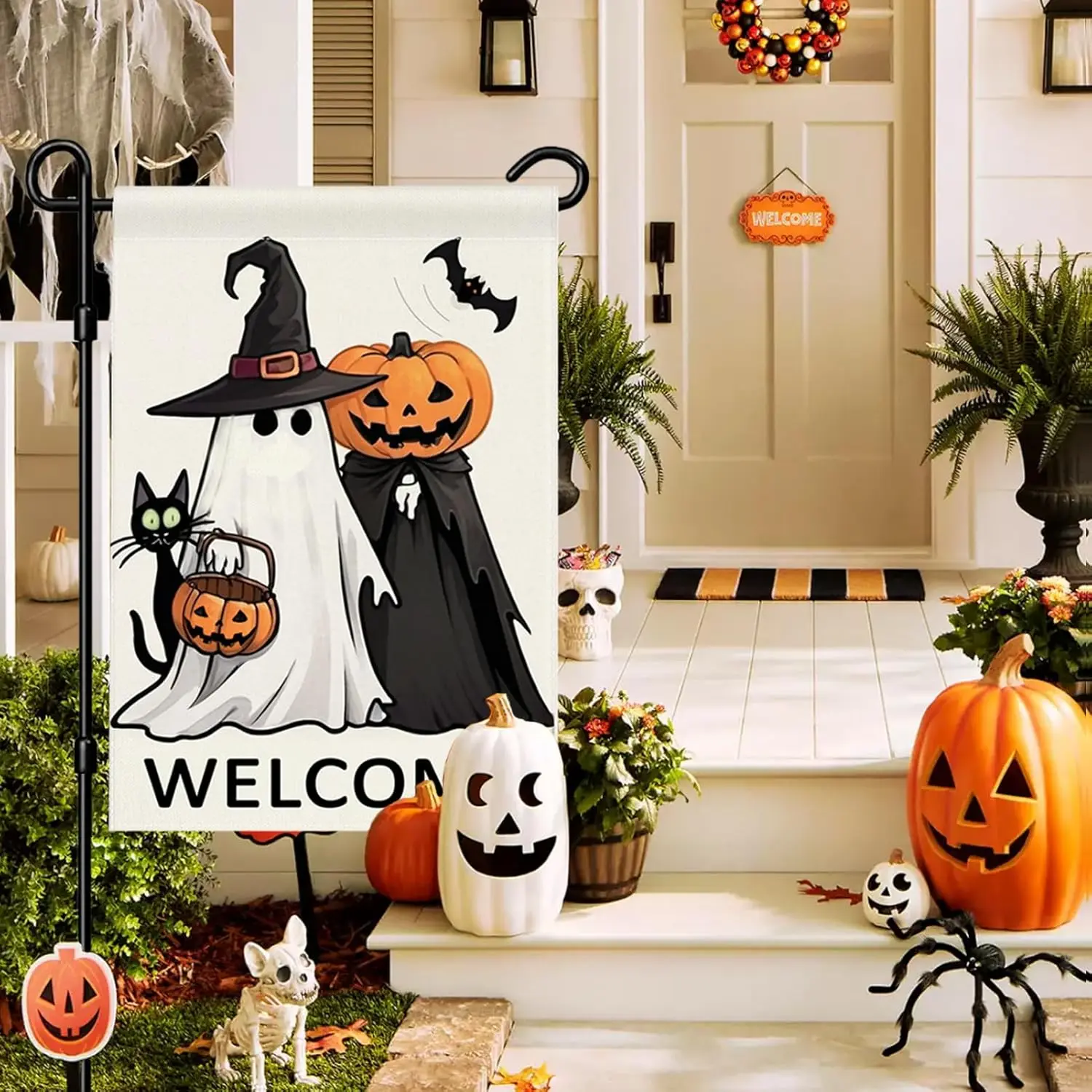 Welcome Halloween Garden Flag 12x18 Double Sided Outside Ghost Jack-o;-Lantern Bat Outdoor Decorative Burlap Yard Flag