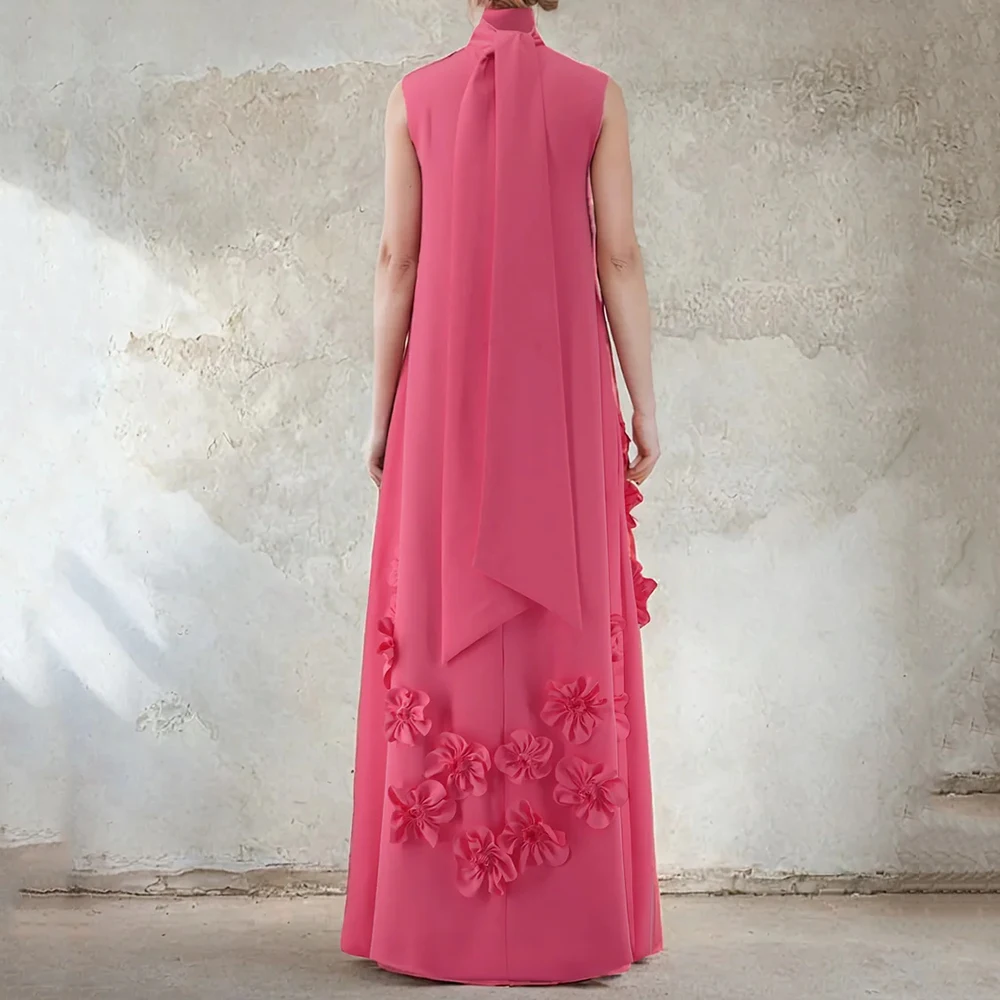 Vestidos de Noche acampanados para mujer, vestido de fiesta sin mangas con cuello alto hasta el suelo, vestidos personalizados drapeados simples con flores a la moda