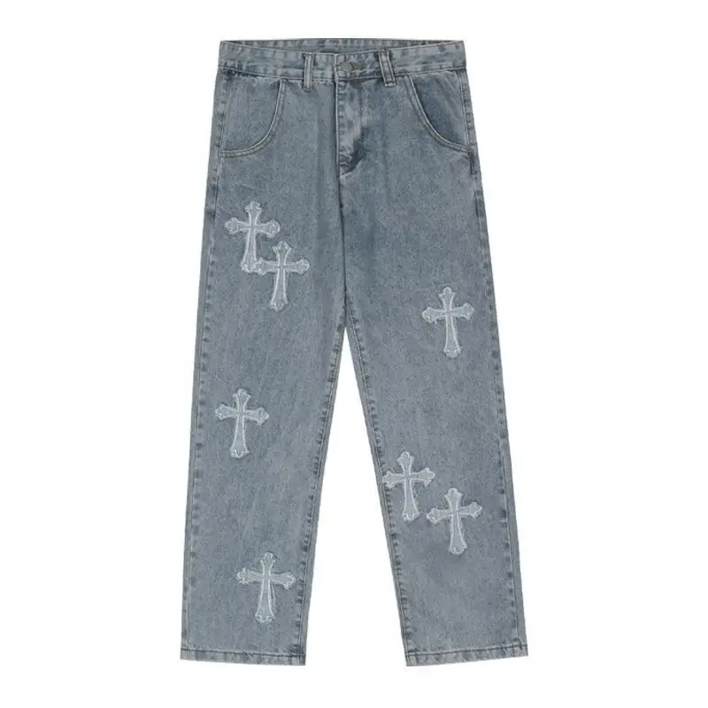 Streetwear gotyckie jeansy damskie Y2K z wysokim stanem spodnie dorywczo Cross Cargo w koreańskim stylu na lato proste luźne punkowe ubrania