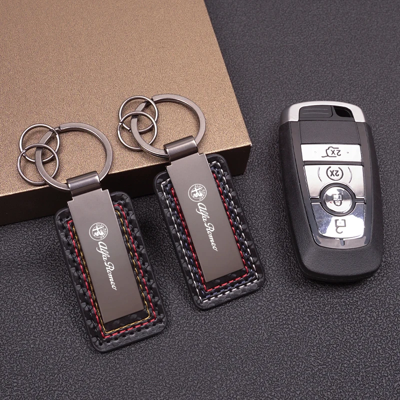 Carbon Fiber Leather Car Logo Keychain Key Ring Pendant For Alfa Romeo 156 159 147 4C 8C 166 Giulia Giulietta Mito Stelvio