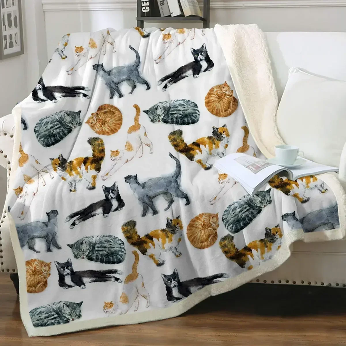 Grey and White Cats Blanket Plush Sherpa Flannel Throw Blankets for Couch Sofa Super Soft Blanket Bedroom TV Throw Blanket Full