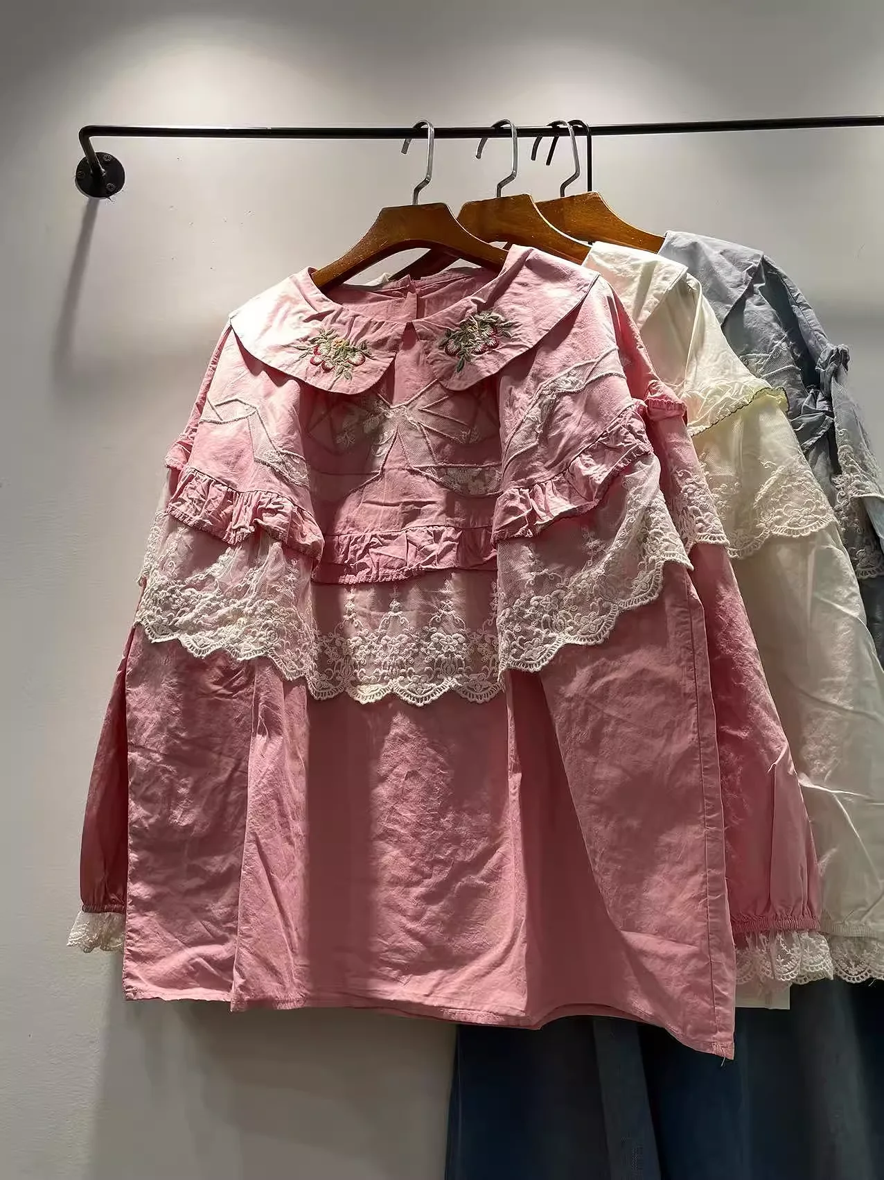 

Mori kei fashion lace crocheted patchwork shirts long sleeve blouses mori girl style cotton fall clothes 2024 women tops lolita