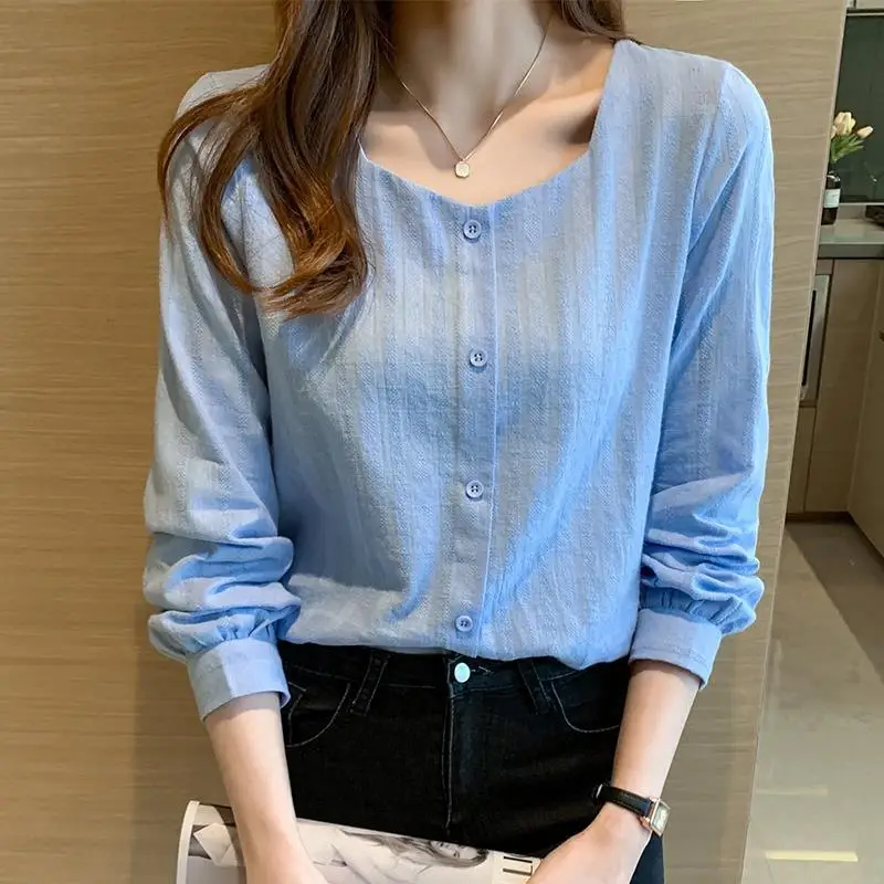 

French Blouse 2024 Spring Autumn New Women's Square Collar Button Solid Color Screw Thread Stylish Loose Long Sleeve Shirt Tops