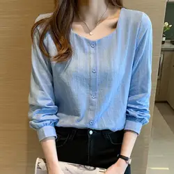 French Blouse 2024 Spring Autumn New Women's Square Collar Button Solid Color Screw Thread Stylish Loose Long Sleeve Shirt Tops