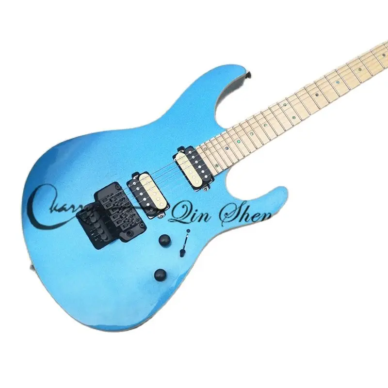 6 string electric guitar, suh guitar metallic blue body, mahogany body and head, colorful shell inlay