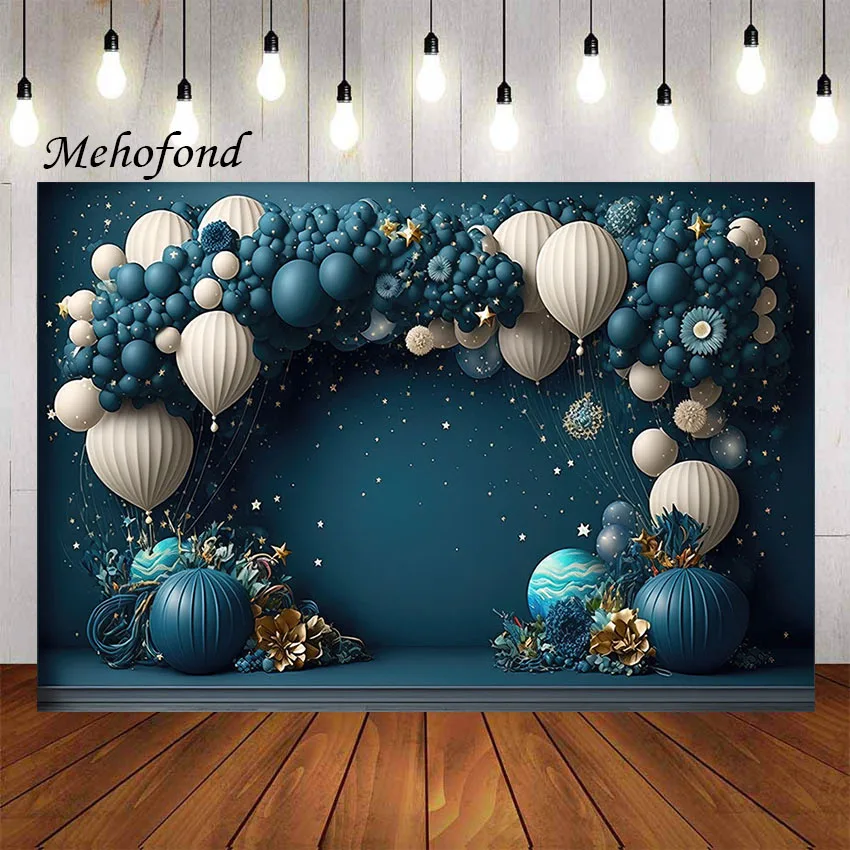Mehofond 사진 배경 블루 풍선 꽃 스타, 아이 생일 파티 케이크 스매쉬 초상화 장식 배경, 사진 스튜디오