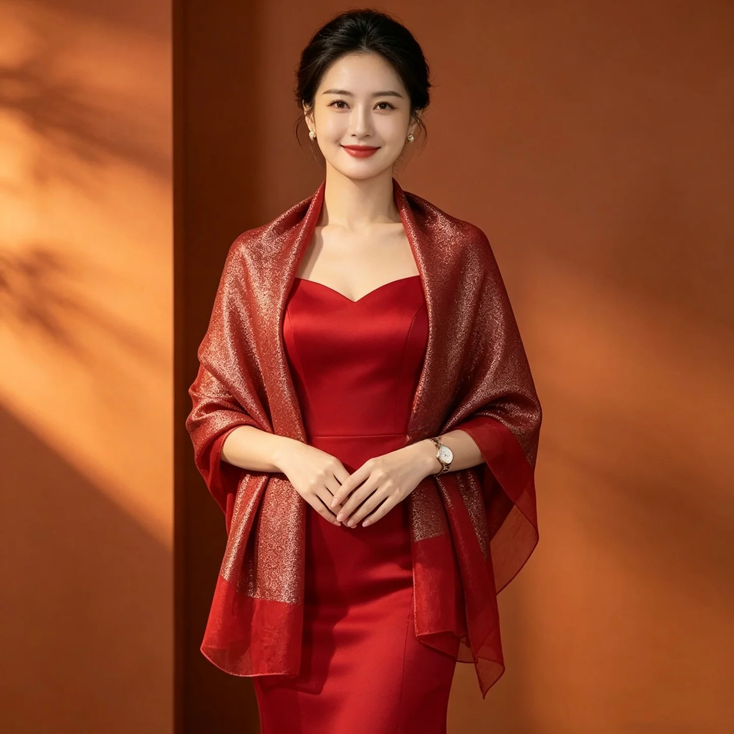 高級ワインレッドシルクスカーフ、二重層チャイナドレスショルダースカーフ、誕生年のお祝いに花嫁や女性のための暖かいスカーフ