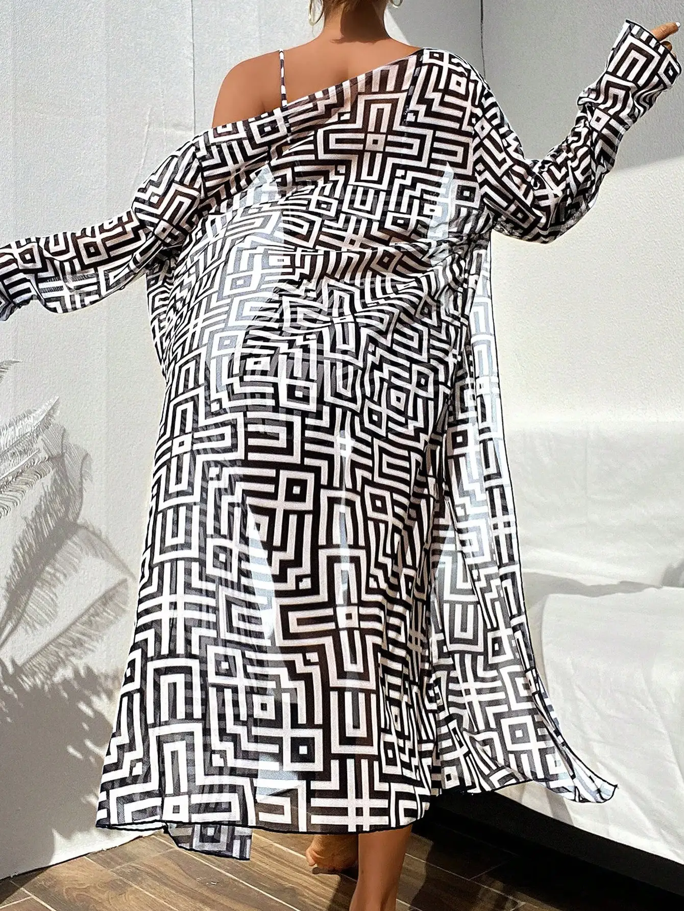 Women's Beach Summer Geometric Print Three-Piece Swimsuit Set with Long Sleeve Beach Cover-Up, Polyester Knit Fabric with Elasta