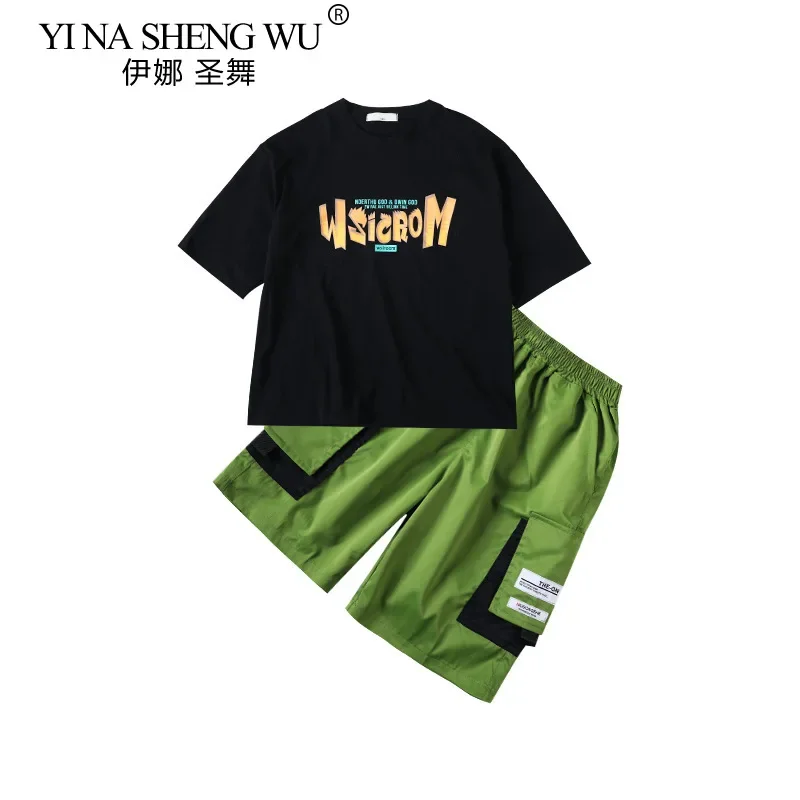 

Boys and Girls Hip Hop Jazz Dance Costume Fashion Trendy Loose Street Dance Performance Clothes Black T-shirt Green Shorts