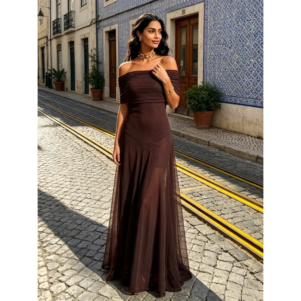 Customized Dark Brown Off Shoulder High Waisted Evening Dress 2026 Simple Chiffon A-line Ball Gown Suitable for Wedding Guests