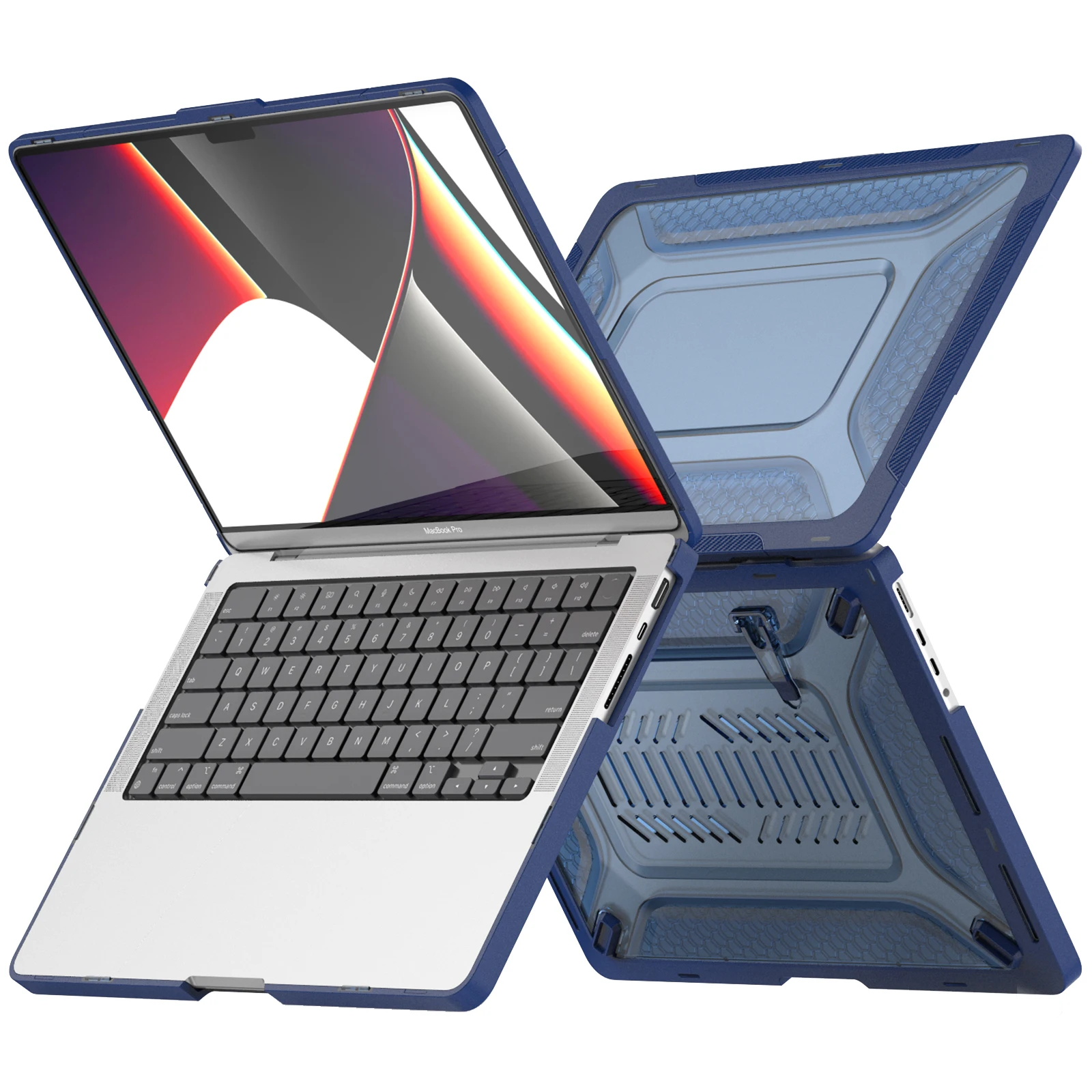 Computer Case for Mac Book Pro 14 inch 2021 2023 2024 M1 Pro M3 M4 Honeycomb Ventilation Design Bottom Cover Built-in Kickstand