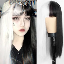 Peluca recta larga de pelo sintético en blanco y negro para mujeres con flequillo pelucas de Cosplay resistentes al calor