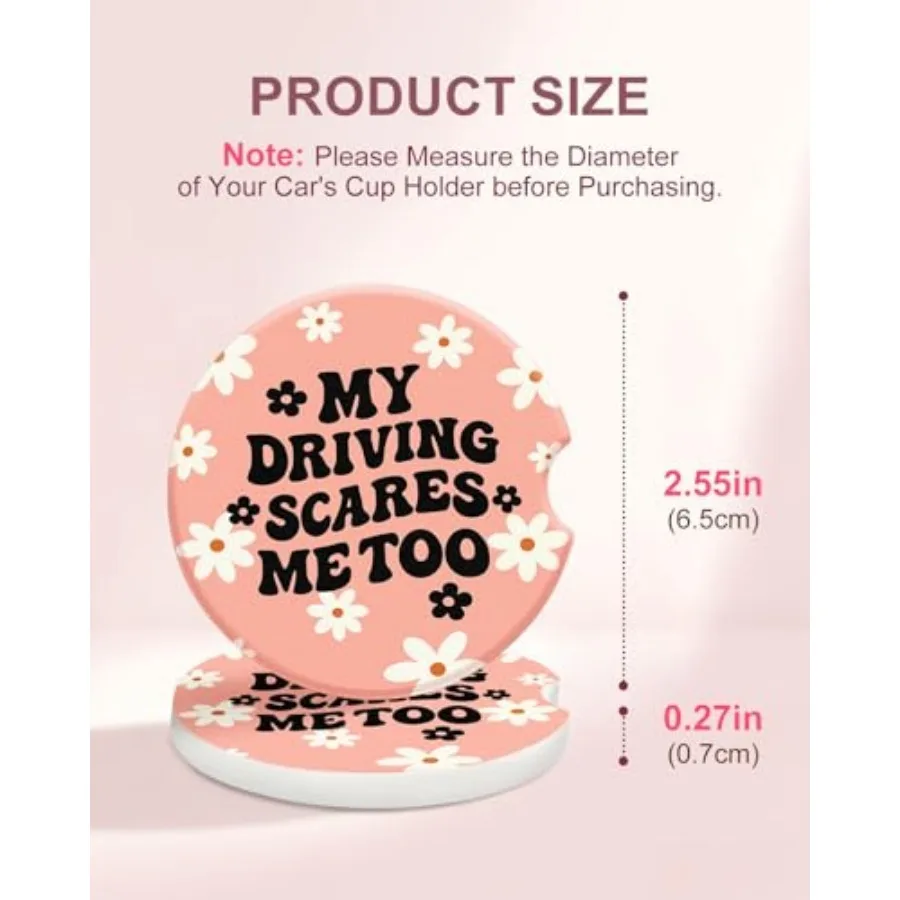 2 Pack Absorbent Ceramic Car Coasters for Women - 2.55 Inch Floral Funny Quote Car Cup Holder Coasters with Cork Base, Funny Ca