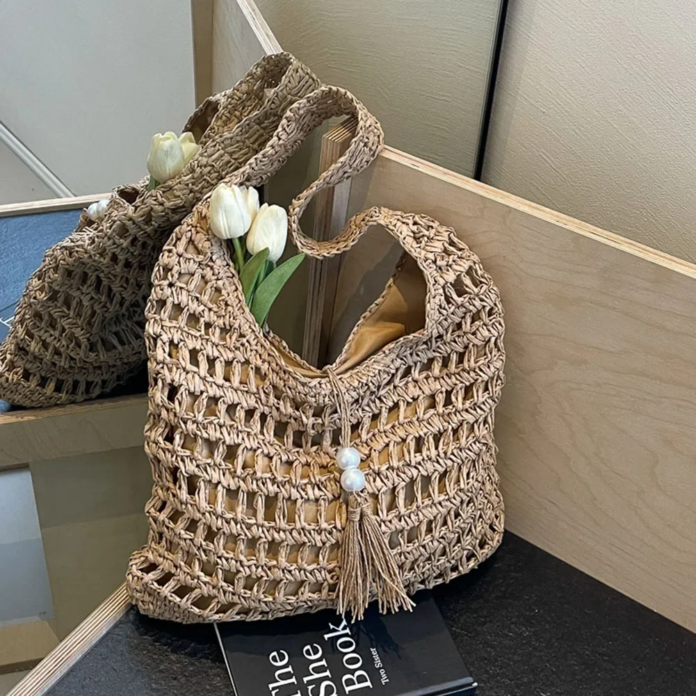 Summer Beach Straw Shoulder Bag Women Rattan Large Shopper Crochet Raffia Woven Causal Tote Handbag Purse Travel Top Handle Bag