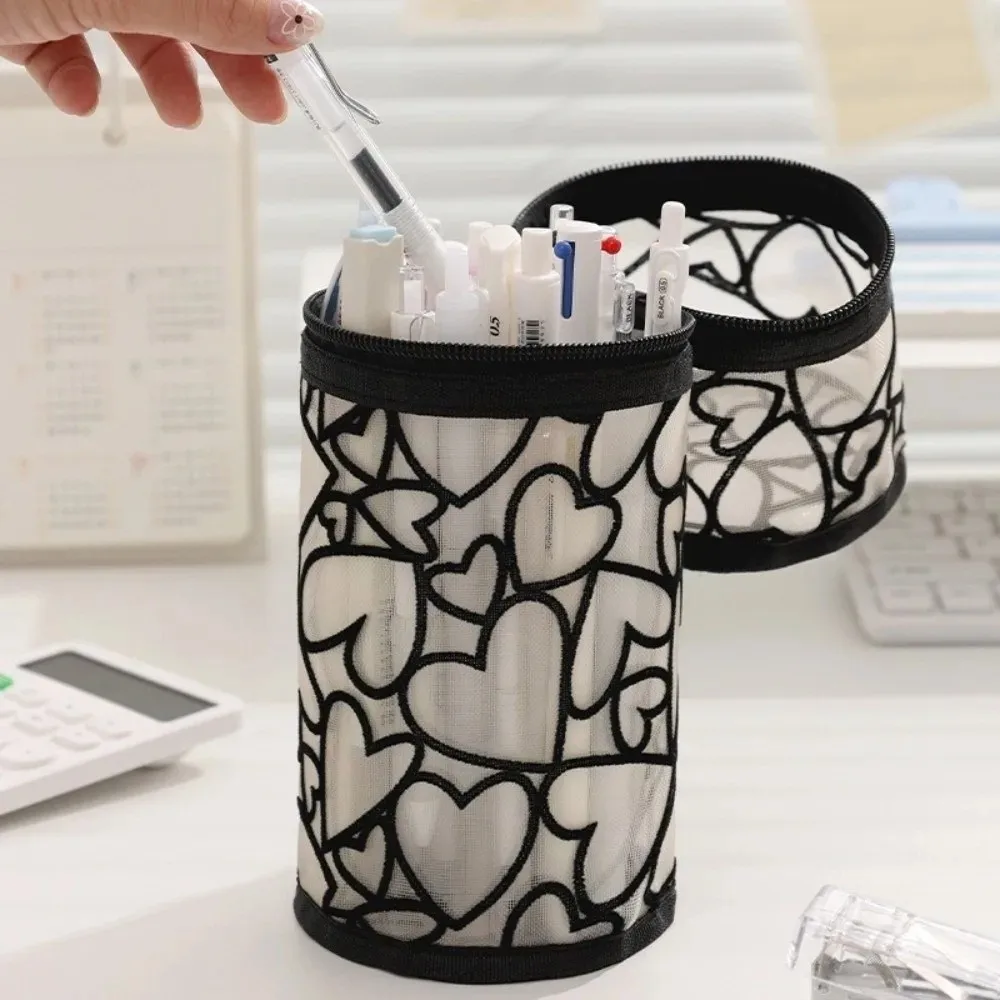 Clear Mesh Storage Bag Love Heart Multifunctional Mesh Pencil Case Large Capacity Cylindrical Shape Mesh Makeup Pouch Girls Boys