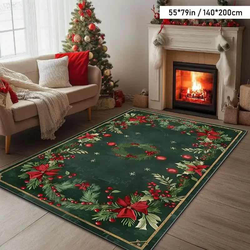 VIKAMA Christmas Living Room Carpet Pointilla Wreath Non-Slip Easy Care Area Carpet Bedroom Floor Mat Holiday Home Decoration