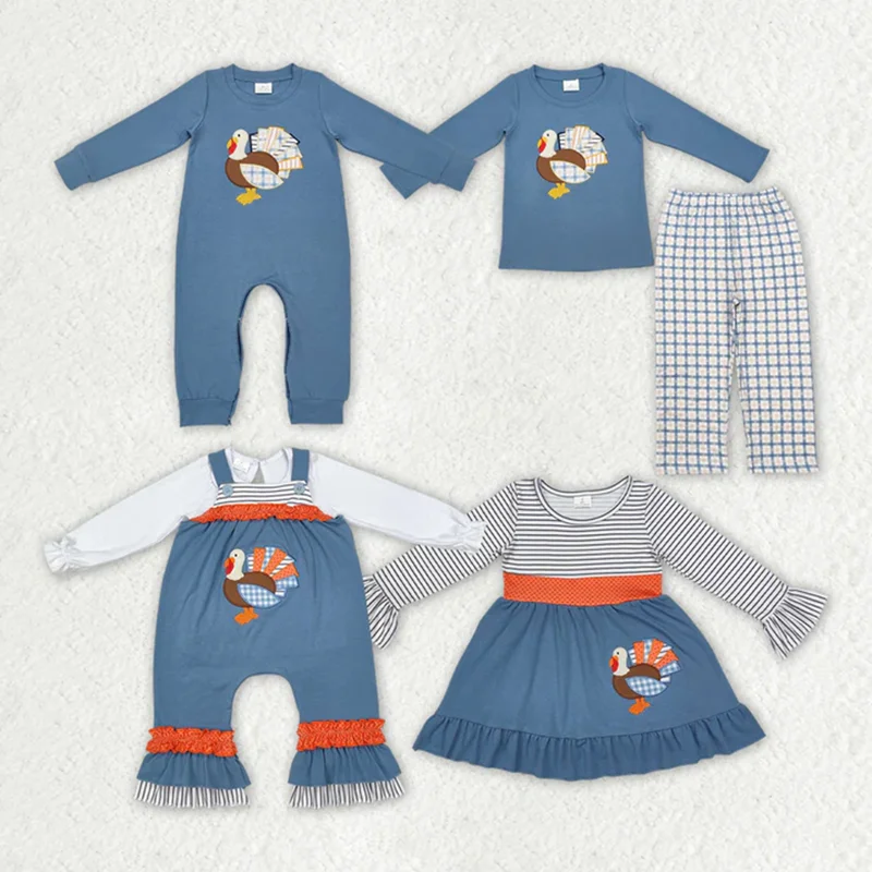 

Kids Thanksgiving Outfits Long Sleeve Top+Pants Set With Rompers Embroidery Turkey Print Children Match Clothes