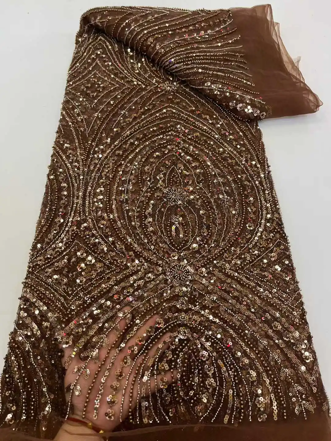 

Fashion Brown Lace Fabric 2025 High Quality Mesh Sequins Embroidery French Nigerian Beaded Lace Fabrics For Bridal Wedding Dress