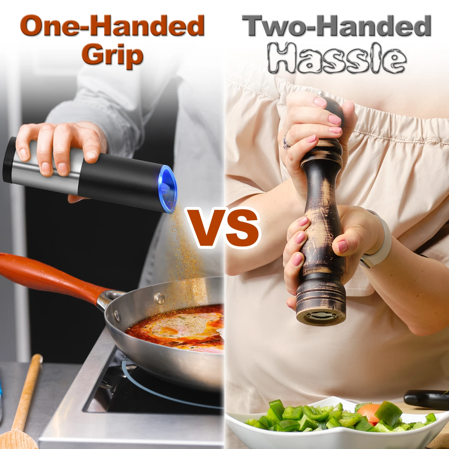 مطحنة أوتوماتيكية لتوابل الملح والفلفل، باللون الأسود والفضي