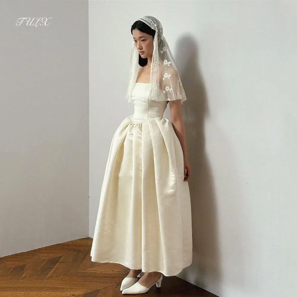 

TULX Elegant Beige Satin Wedding Dress Korea Photo Shoot Strapless A line Ankle Length Bridal Gowns Corset Customized 웨딩드레스