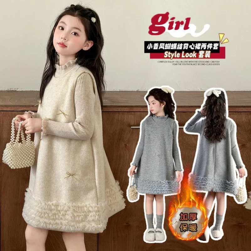 

Комплект для девочек: платье-жилетка и топ, новый осенний комплект из двух предметов с бантом и кружевом для старших детей