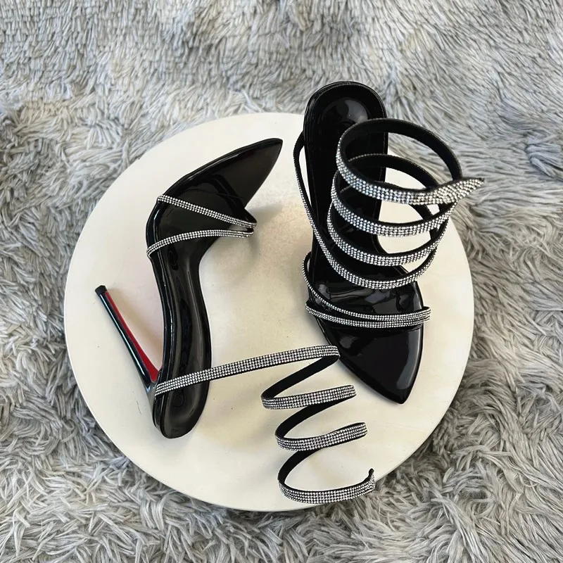 

Pointed Open-Toe Red Sole Slippers Female Thin Super High Heels Glossy Sandales à Talons Rhinestones Wrap Strap Women’s Sandals