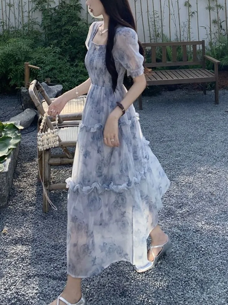 Falda Larga de Gasa con Estampado Floral Vintage para Mujer, Diseño de Verano, Estilo Burbuja de Alta Gama, Corte en A