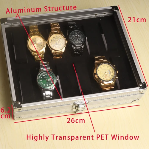 Imagen 2 del producto Caja de almacenamiento de relojes con estructura de aluminio, 12 compartimentos, estuche cuadrado para exhibición de joyas, interior de gamuza, soporte rectangular para relojes, para organizar