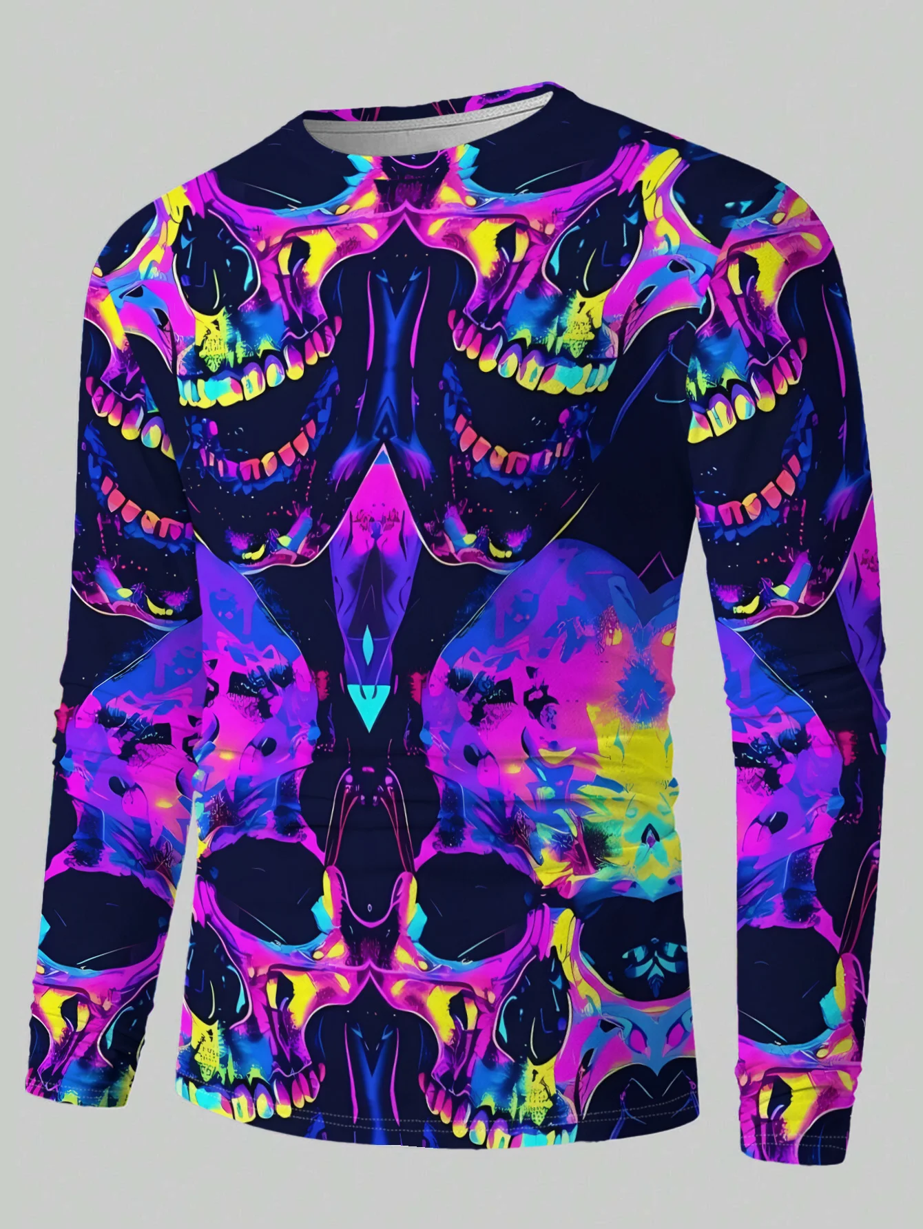 Men Long Sleeve T‑Shirt Colorful Neon Skull 3D Print Halloween Gothic Casual Street Top