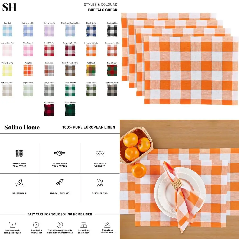 

Set of 4 Pure Linen 14x19 Pumpkin & White Buffalo Check Farmhouse Placemats