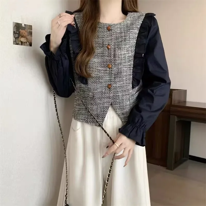 

Женский модный топ из двух частей с круглым вырезом и длинными рукавами