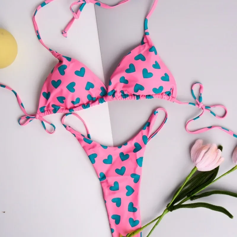 QINJOYER-Bikini con estampado de corazón para mujer, traje de baño brasileño de 2 piezas, bañador Sexy con Tanga, trajes de baño para playa y verano