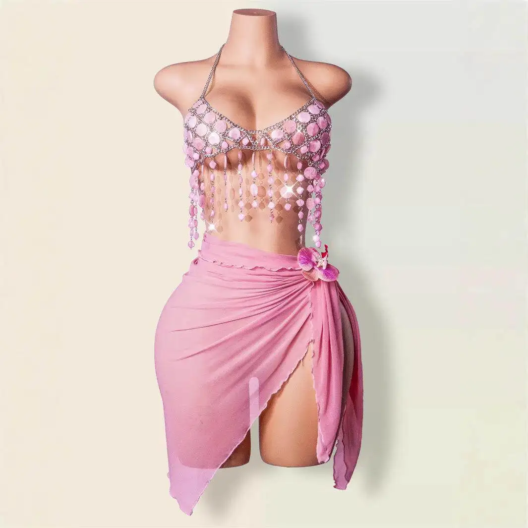 

Hot Pink Acrylic Spicy Girl Body Chain Necklace Hanging Neck Outer Chain Fringed Top Seven Sleeve Autumn Season Men's Wear